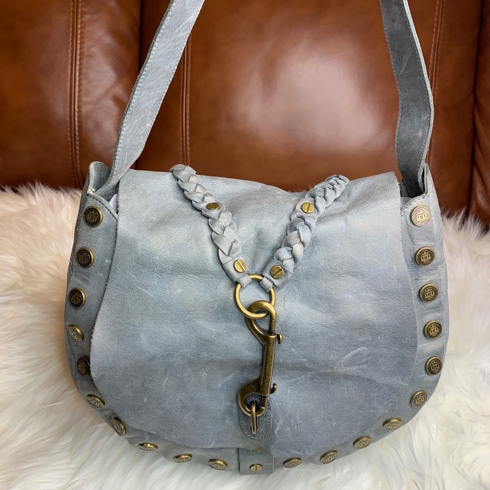 “G” Hobo Grain Leather Studded Hobo Shoulder Bag.
